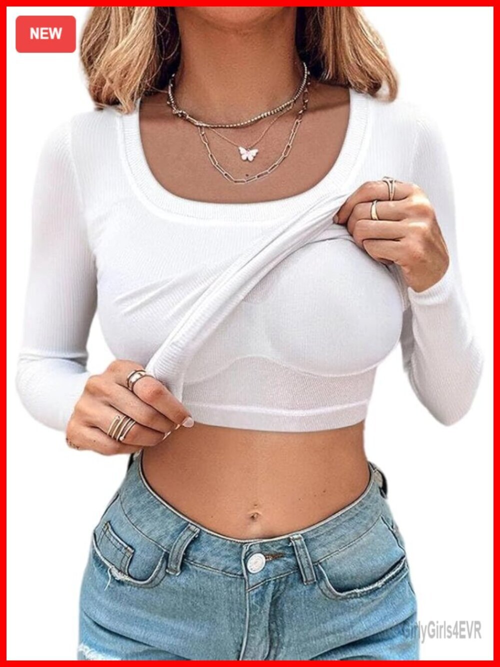 Long Sleeve Square Neck T-Shirt with Built-in Shelf Bra Ribbed Knit Slim Fit